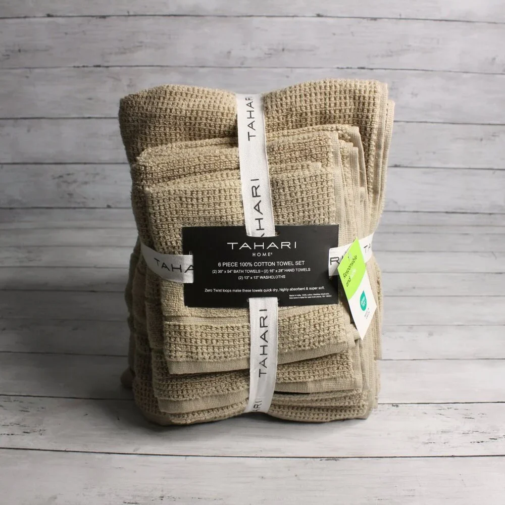 Tahari Bath Towel Set 100% Cotton Beige Hand Towels Washcloth 6 Piece